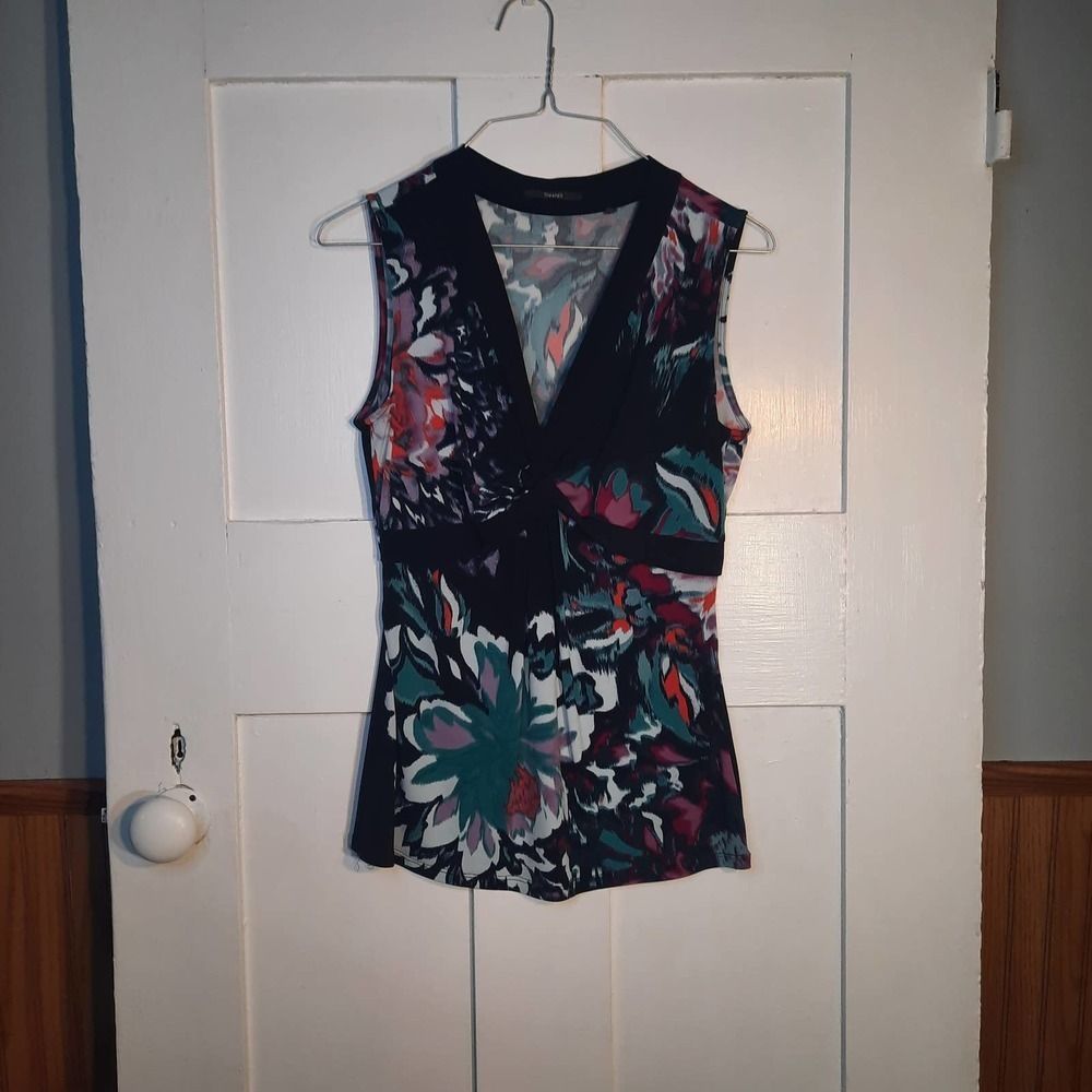 TAHARI Black Multicolor Floral Vneck Sleeveless Tank Blouse XS